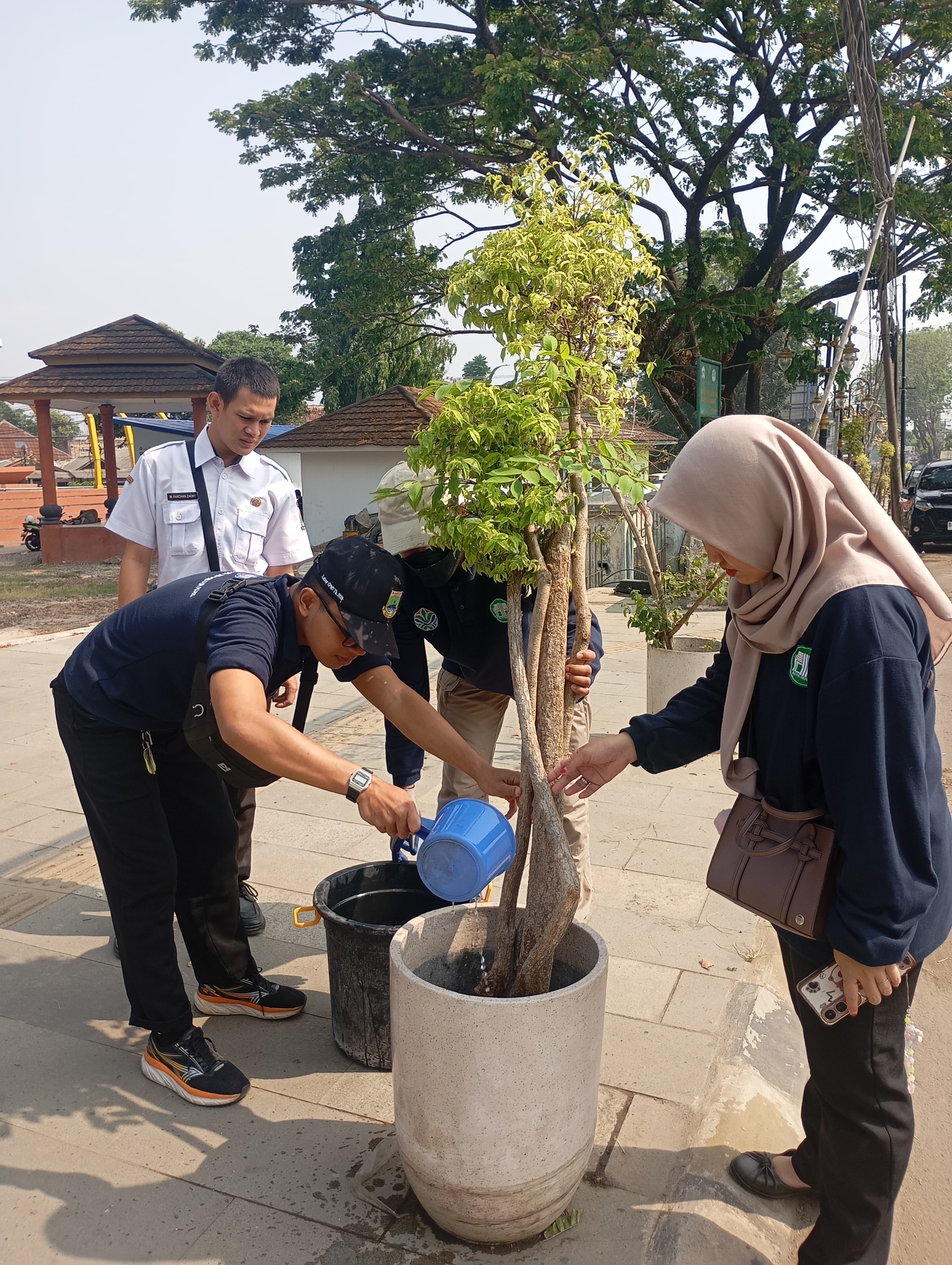 DLH Kota Serang Lakukan Pemupukan Tanaman di Taman Sari Menggunakan Pupuk Organik Cair Hasil Olahan Daun Kering
